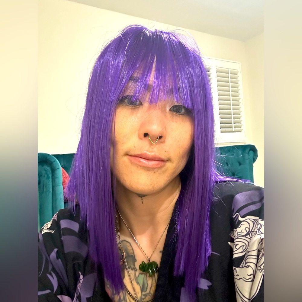 Royal Purple realistic scalp bangs hair Bob wig Halloween costume cosplay anime